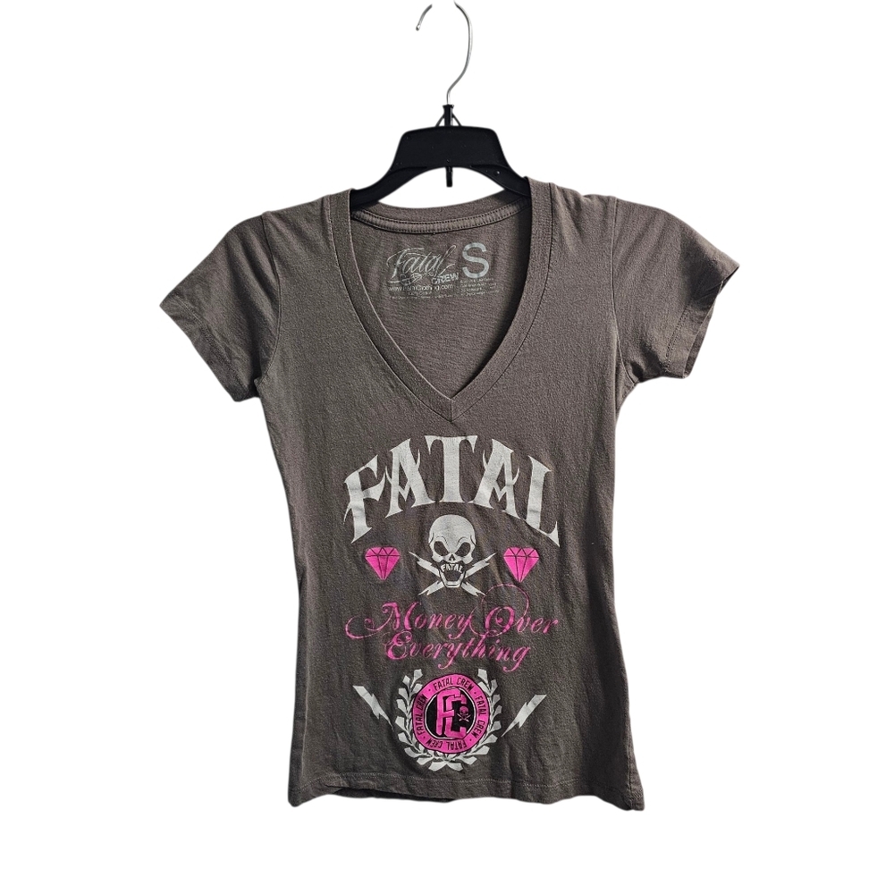 Fatal Vintage 2000s y2k Grey Pink Skulls Diamonds V-Neck Top Small